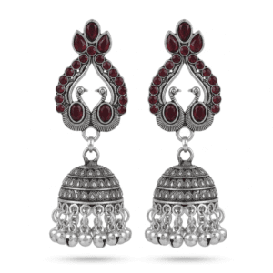 Oxidized Silver Maroon Crystal Stone Peacock Jhumka Earrings