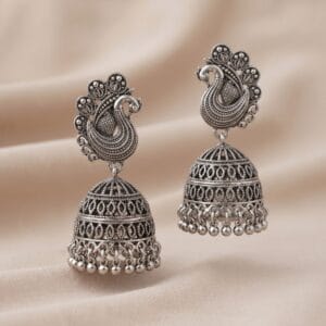 Traditional Oxidized Silver Plated Peacock Jhumka Earrings for Women