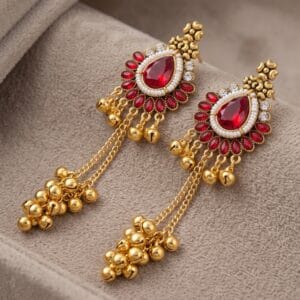 Premium Gold Plated Red Stone & Pearl Jhumka Earrings