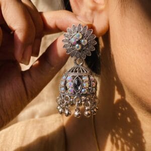Ethnic Silver Jhumka with Flower Stud and Multi-color AB Crystals