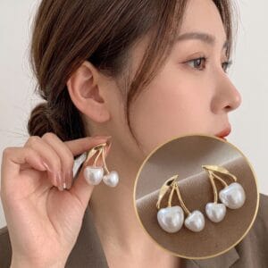 Cherry Pearl Drop Earrings – Trendy Gold-Plated Korean Style Dangle Earrings