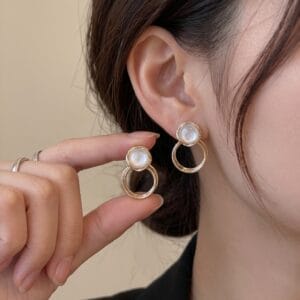 White Opal Double Hoop Drop Earrings – Minimalist Gold-Plated Geometric Studs