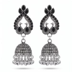 Oxidized Silver Black Stone Peacock Jhumka