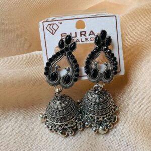 Traditional Oxidized Silver Plated Maroon Stone Peacock Jhumka Earrings for Women