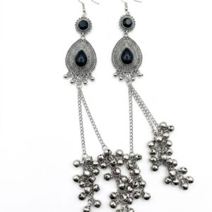 Premium Oxidized Silver Plated Black Stone Long Tassel Earrings for Women