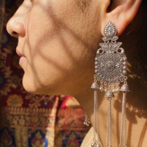 Premium Traditional Oxidized Silver Plated Long Tassel Jhumka Earrings for Women