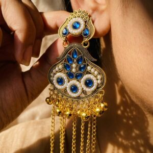 Traditional Gold Plated Blue Stone & Pearl Jhumka Earrings for Women